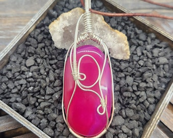 Unique Wire Wrapped Bright Pink Agate Gemstone Pendant Necklace Handmade in the USA Tarnish Free