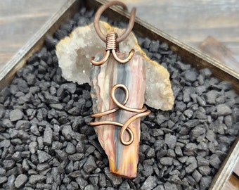 Rustic Copper Wire Wrapped Petrified Wood Gemstone Pendant Necklace Handmade in the USA