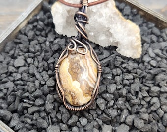 Copper Wire Wrapped Lace Agate Gemstone Pendant Necklace Handmade in the USA