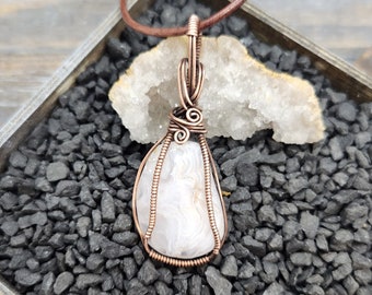 White Agate Copper Wire Wrapped Mojave Agate Gemstone Pendant Necklace Handmade in the USA