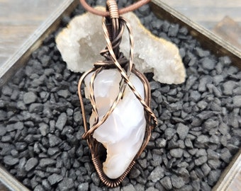 Rustic Copper Twisted Wire Wrapped Mojave Agate Gemstone Pendant Necklace Handmade in the USA