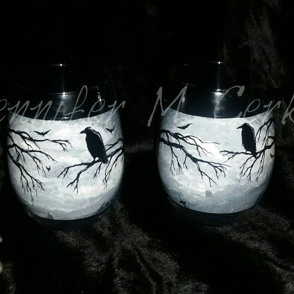 Pair of Halloween Gloomy Gothic Crow Hand Painted Stemless Wine Glasses