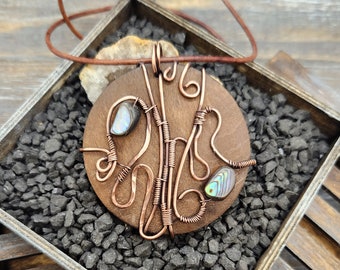 Rustic Wood Copper Wire Wrapped Abalone Boho Gemstone Pendant Necklace Handmade in the USA