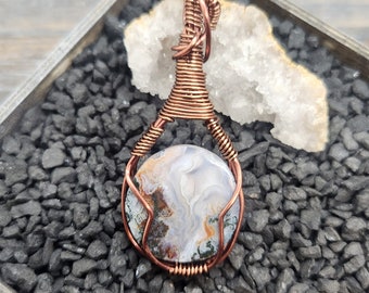 Bronze Tone Wire Wrapped Plume Agate Gemstone Pendant Necklace Handmade in the USA- Tarnish Free