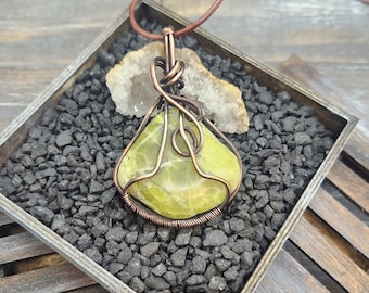 Copper Wire Wrapped Green Serpentine Gemstone Pendant Necklace Handmade in the USA