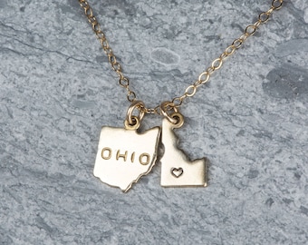 Multiple States Necklace, Friendship Jewelry, 2 States on 1 Chain Friendship Necklace in Rose, Gold or Silver, Moving Away Necklace