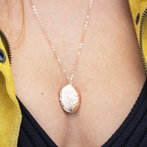 Rose Locket Medium Oval Necklace, Short 14kt GF Chain, Gold or Antiqued Silver, Long Gold Necklace Chain, Gold Locket, Small to Medium Size