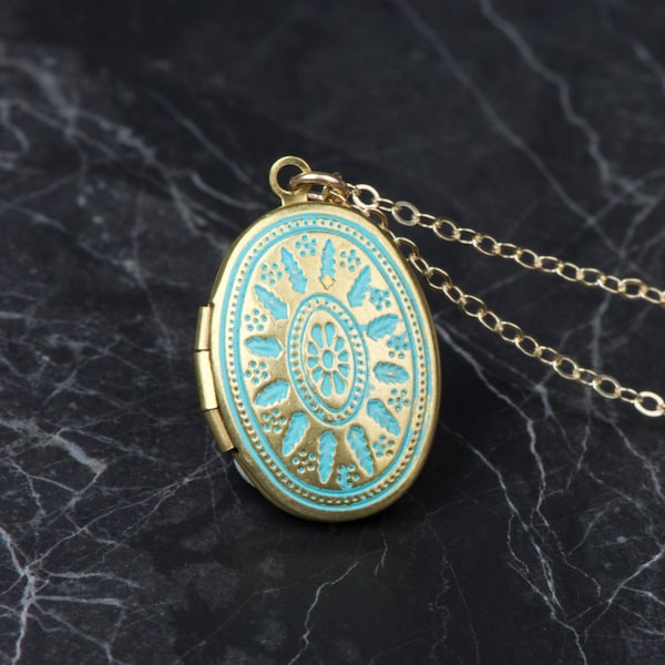 Ornate Turquoise Small Gold Locket Necklace, Long Oval Locket Blue Necklace, Necklace Small Locket Pendent, Small Blue Locket Necklace Gift