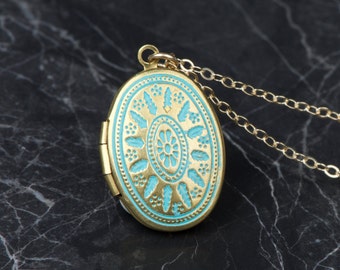 Ornate Turquoise Small Gold Locket Necklace, Long Oval Locket Blue Necklace, Necklace Small Locket Pendent, Small Blue Locket Necklace Gift