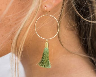 Olive Green Tassel Earrings with Circles, Bridesmaid Gift, Hoop Earrings, Sterling Silver Country Wedding Earrings Large, Beach Wedding