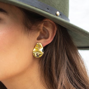Gorgeous Large Post Earrings, Matte Wavy Gold Stud Earrings, Organic Post Earrings Rippled Pear Shape, Unique Shiny Earring Statement Studs
