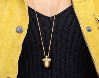 Long Gold Acorn Pendant Cremation Necklace, Mourning Jewelry Locket Canister, Acorn Necklace Living Locket, Ashes Pendant, Funeral Gift