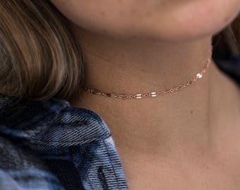 Dainty Lace Rose Choker Necklace in 14kt Gold Filled, Rose or Silver, Dapped Choker Chain, Simple Chain Choker Adjustable, Tiny Choker Chain