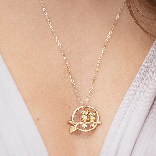 Vintage Gold Owls Necklace, Two Tiny Birds Necklace, Owl Jewelry, Owls Pendant, Eco Friendly, Mother and Child, Daughter, Son