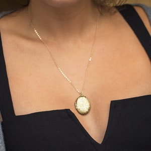 Gold Locket Necklace, Medium Size, Oval, 14kt GF Chain, Rose Locket, Antiqued Silver Locket Long Chain Necklaces for Women, Daughter Gift
