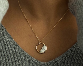 White Moon Marble Pendants, Navy Blue Necklace with Small Moon, Mint Blue Necklace Marble, Stone Circle, Moon Stone Jewelry Gold