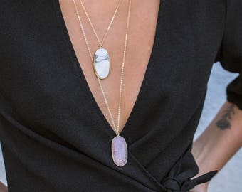 Large Rose Quartz and Gold Pendant on Long Chain, Pink Stone Oval Pendant, Stone Quartz Jewelry 14kt Gold Fill Pink Pendant Simple Layering