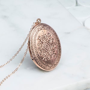 Long Rose Gold Necklace, Floral Jewelry, Large Rose Gold Locket, Oval Locket Flowers Long Chain, Huge Rose Locket image 3