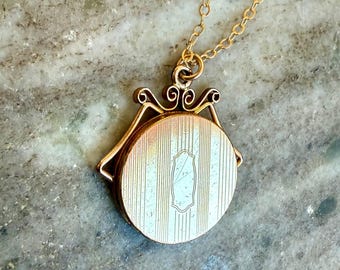 Antique Ornate Striped Locket with removable Photo Frames and Monogram Space, Wire Bale