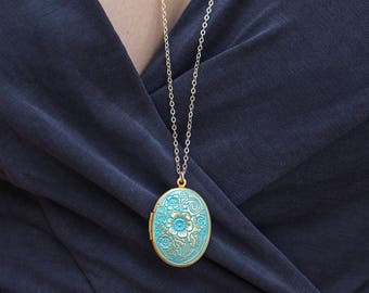 Floral Long Blue Locket Necklace, Bridal Locket Oval Flower White Pendant, Long Locket Floral Design, Engraved Long Locket Pendent Aqua Blue