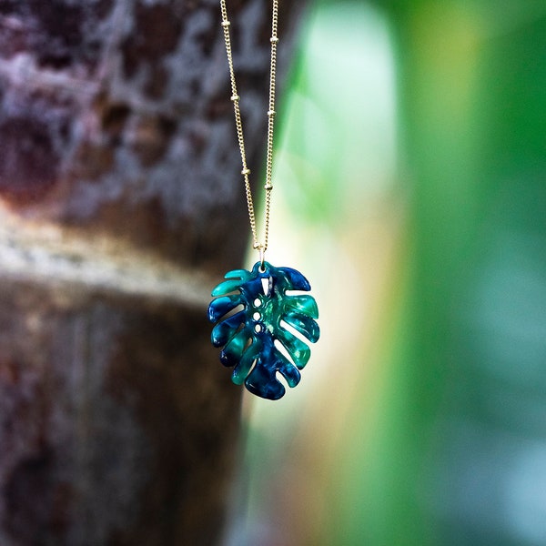 Monsterabladketting op 14kt goldfill kralenketting, tropische hanger gouden plantensieraden, Lucite Emerald Leaves, satellietketting, trendy