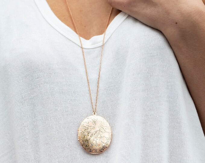 LARGE Antiqued Silver or Rose Locket Necklace, Oval Big Picture Locket, Paisley Antiqued Silver
