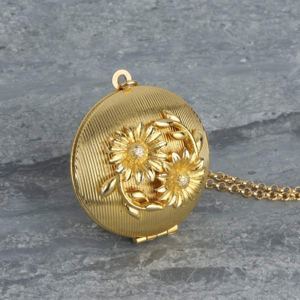 Vintage Sunflower Locket Necklace on a Long Gold Chain, Daisy Flowers Pendant, Perfume Jewelry, Striped Jewellery