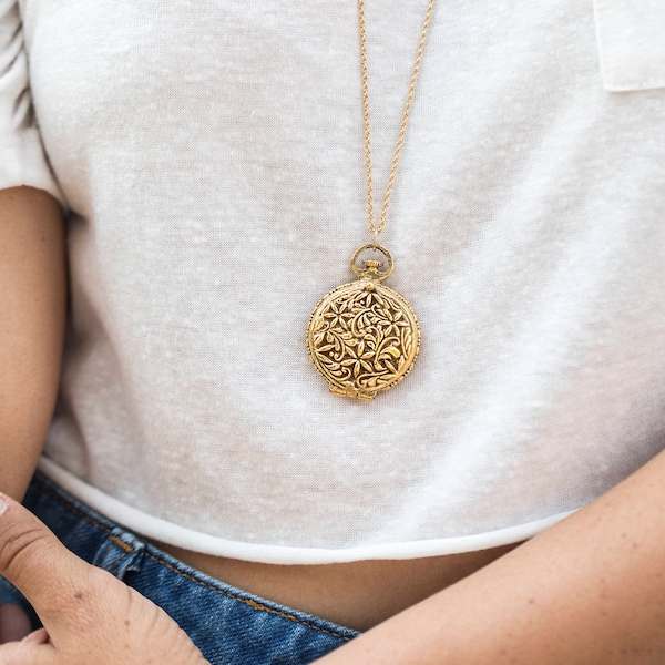 Large Vintage Necklace, Raised Flowers Gold Locket Pendant on Long Gold Chain, Push Button Style, Necklace Jewelry, Vintage Gold Locket