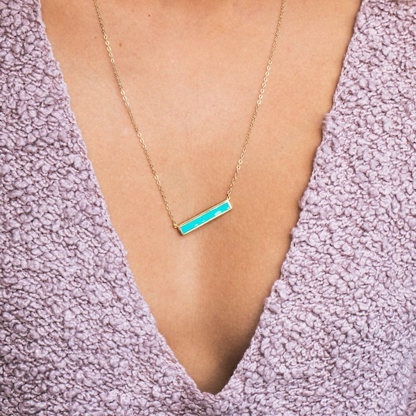 Turquoise and Gold Jewelry, Turquoise Bar Necklace, Necklace for Mom, Inlay Bar Stone Necklace, Gold Minimalist Necklace Bar Pendant
