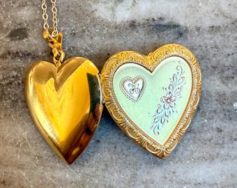Antique Letter H Gold Heart Locket with Rose Floral Design, Pink Gold Flower, Monogram H