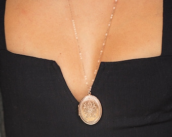 Long Rose Gold Necklace, Floral Jewelry, Large Rose Gold Locket, Oval Locket Flowers Long Chain, Huge Rose Locket