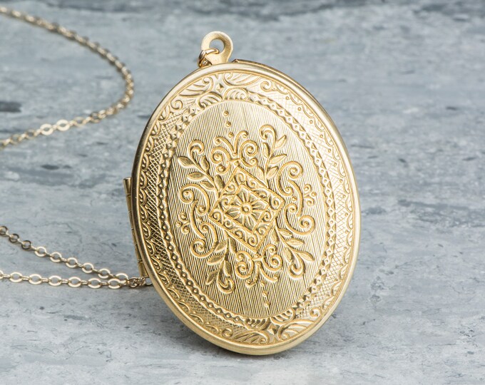 Large Gold Locket Necklace With Floral Crest Reversible Etsy