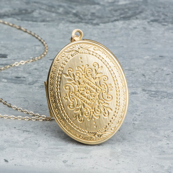 Large Gold Locket Necklace with Floral Crest, Reversible Locket Long Necklace, Huge Pendant, Gold Flowers, Raw Brass Locket