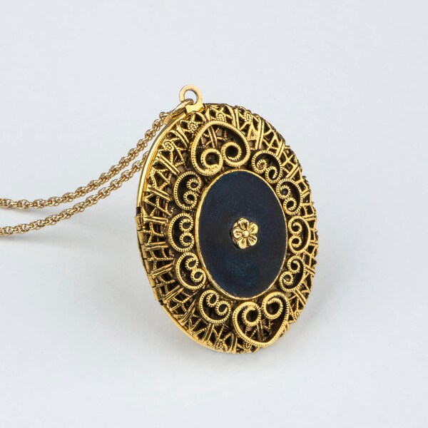 Lange Gold und schwarze Blume Medaillon, Antike Halskette, schwarz und Gold abnehmbar Foto Rahmen Oval geformte Medaillon alte Seil-Kette