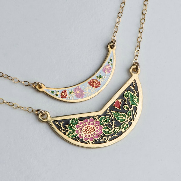 Vintage Bib Necklaces, Pink Small Choker Necklace Set, Enamel Collar Necklace, Layered Necklace Set, Floral Crescent Moon Pendant