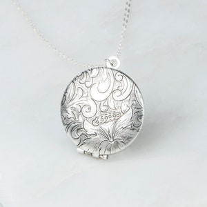 Floral Silver Round Locket, Silver Locket with Sterling Silver Chain, Long Silver Necklace, Everyday Locket, Photo Insert Locket image 2