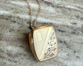 Reversible Locket with Etched Flowers and Monogram Shield, Antique Small Locket, Raised Floral Victorian Rectangle, Picture Frames