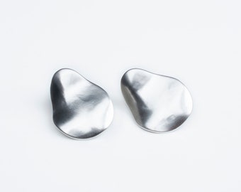 Gorgeous Matte Silver Wavy Earrings, Matte Stud Earrings, Organic Post Earrings Rippled Pear Shape, Unique Shiny Earring Statement Studs