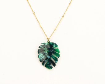 Monstera Leaf Necklace on 14kt Gold Fill Beaded Chain, Tropical Pendant Gold Plant Jewelry, Lucite Emerald Leaves, Satellite Chain, Trendy