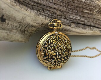 Large Vintage Necklace, Raised Flowers Gold Locket Pendant on Long Gold Chain, Push Button Style, Necklace Jewelry, Vintage Gold Locket