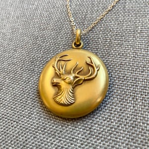 Early 1900s Stag Deer Antique Gold Filled Locket, Hayden Locket, Long Necklace, Vintage Round Deer Locket, Buck, Huntress Gift Jewellery