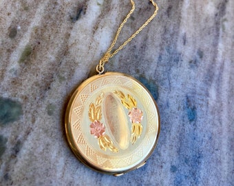 Huge Gold Filled Jewelry Locket with Pink Gold Flowers with Monogram Space, Vintage Two Tone Locket, Rose Gold, Removable Picture Photos