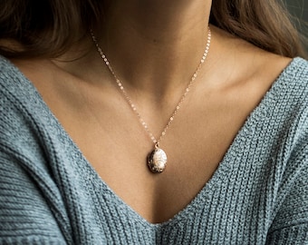 SMALL Locket Necklace Gold, Lockets for Holidays, Flower Girl Bridesmaid Gift, Layering Oval Tiny Roses Gold Jewelry, Dainty Locket