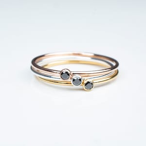 Stackable Dainty Black Stone Rings in Sterling Silver, Rose, and 14kt Gold Fill, Small Bezel Rings Cubic Zirconia, Tiny Stone Rose Band
