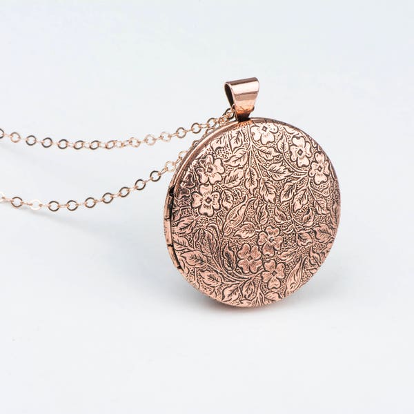 Rose Gold Locket Photo Necklace, Long Necklace Locket, Floral Rose Gold Locket Jewelry, Gift for Mother Pink Jewelry, Picture Locket