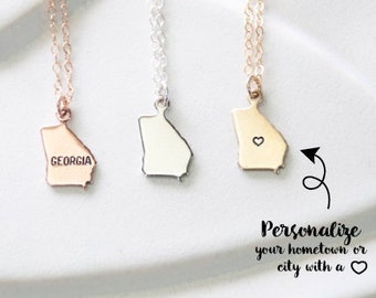 Small Necklaces for Women, State Necklace with Georgia, Personalized Georgia Pendant, Georgia Jewelry with Heart Stamped, Georgia Bracelet