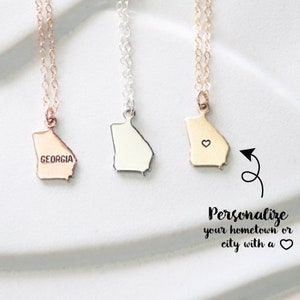 Small Necklaces for Women, State Necklace with Georgia, Personalized Georgia Pendant, Georgia Jewelry with Heart Stamped, Georgia Bracelet