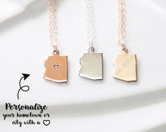 Arizona State Charm Necklace, Gold Arizona Necklace, Heart State Necklace, Silver Arizona Jewelry, Arizona State Silver, Arizona Bracelet