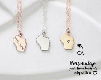 Personalized State Charm Necklace - Custom Jewelry - Hand stamped heart in your hometown, state name - Sterling Silver, 14k Gold Fill, Rose