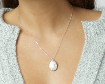 Small White Locket Necklace, Long Sterling Silver Necklace Chain, Sterling Silver Necklace, Gift for Her, Dainty Locket